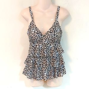 Nicole Miller Studio 3 Tier Cheetah Tropic Print Tankini Top S